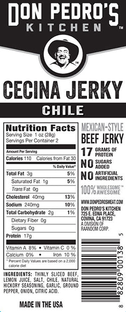Nutritional Facts - Mexi Cecina Beef Jerky Carne Seca 2oz Single Pack Chile Flavor